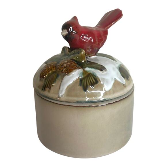 Vintage Winter Cardinal Scene Lidded Ceramic Porcelain Canister Trinket Box - Picture 1 of 10
